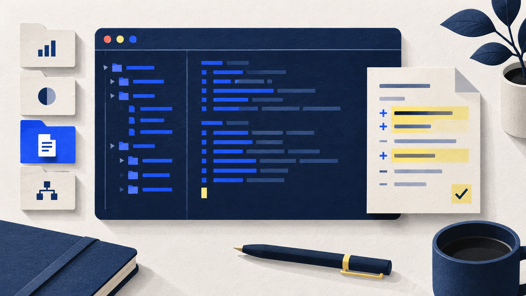 A terminal-style project view sits beside a checked sheet of proposed file changes.