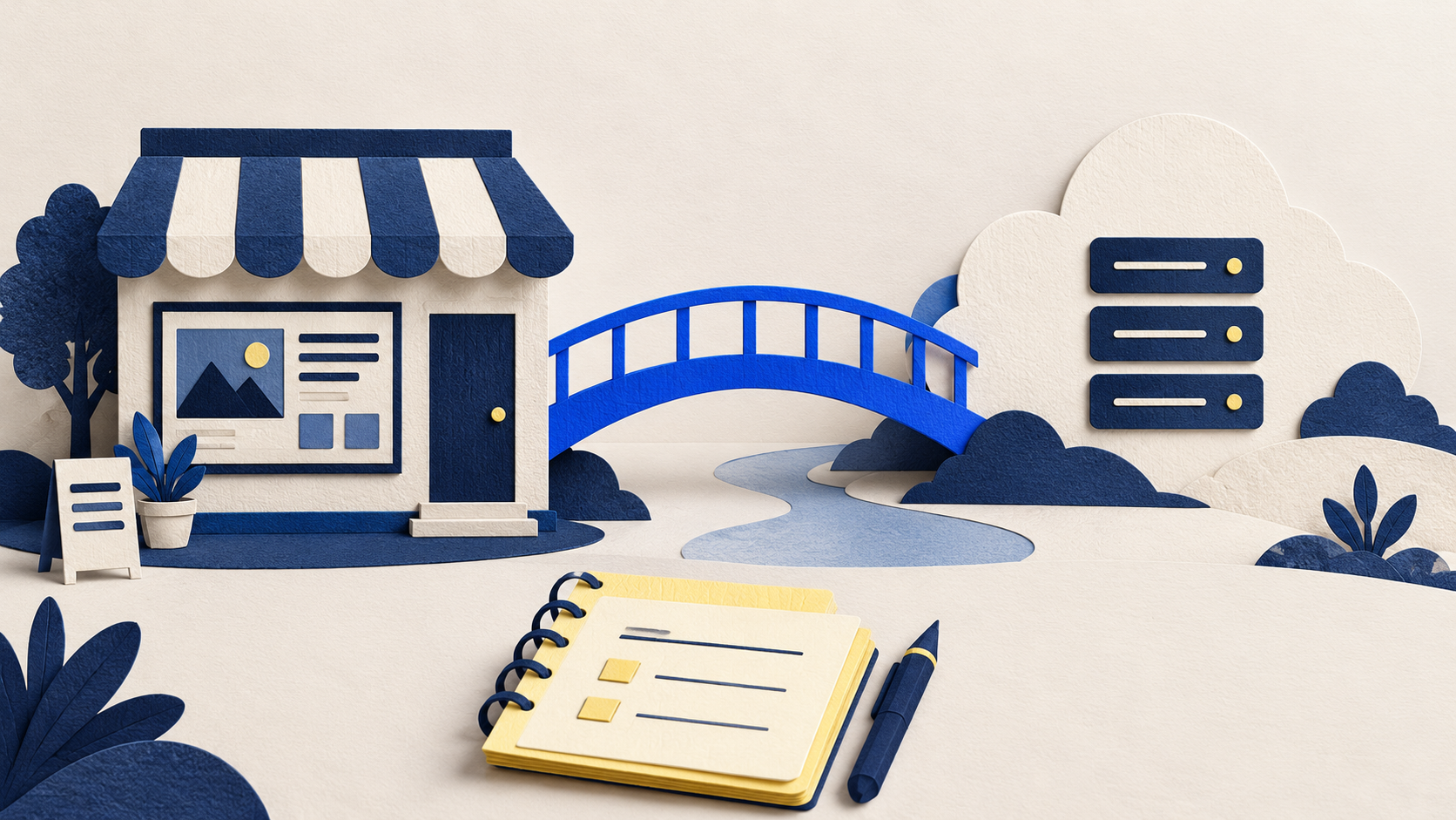 A small business storefront website connects over a cobalt bridge to cloud hosting.