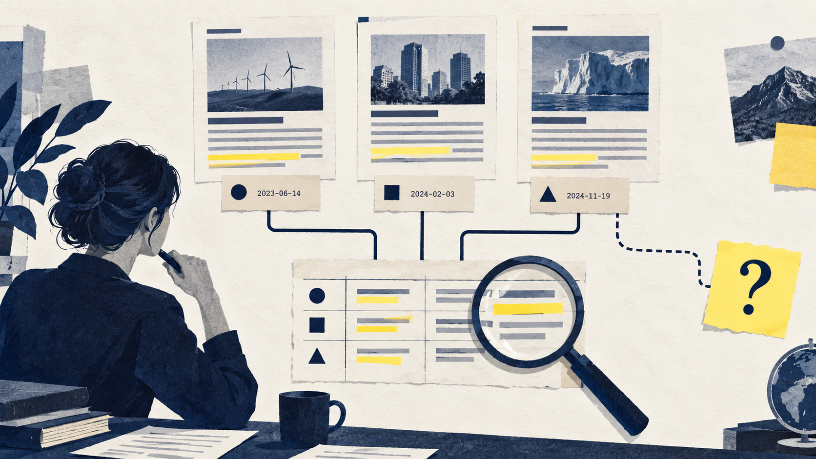 Dated public-source documents connect to a comparison ledger, while a dotted line marks an unresolved question.