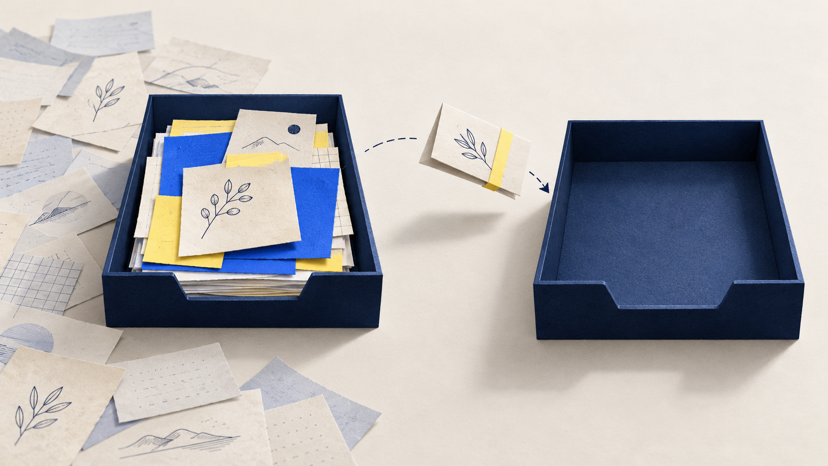 A selected set of notes in one tray becomes a compact handoff for a fresh working tray.