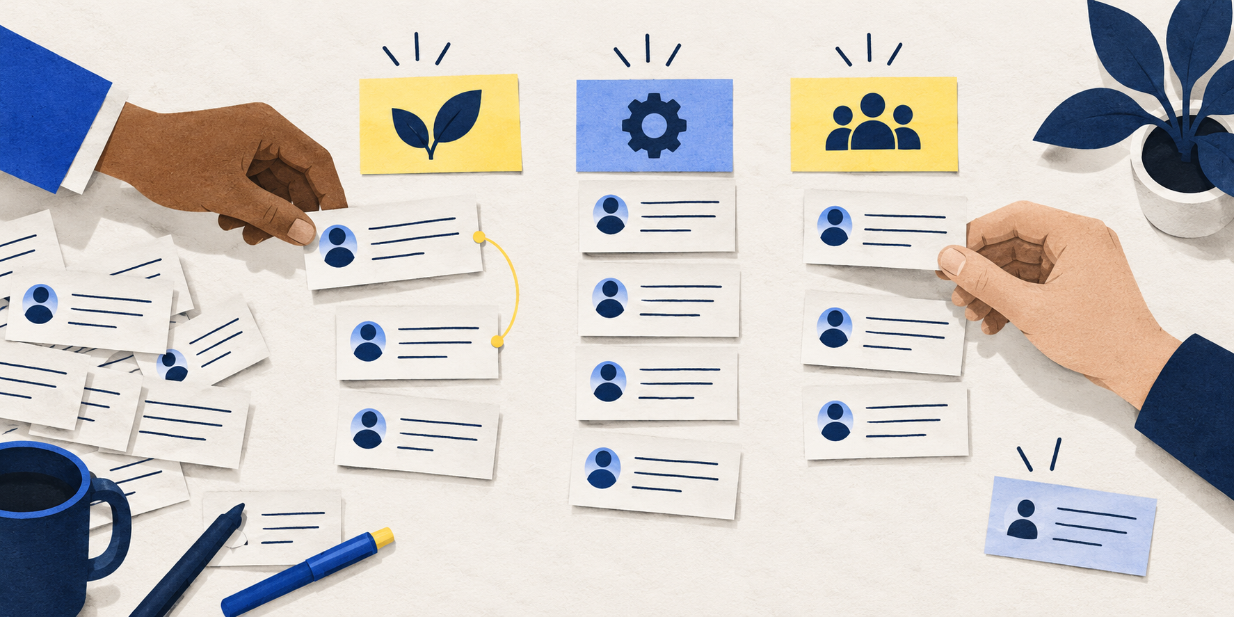 Individual feedback slips are grouped into themes, with a linked duplicate and a separate outlier.