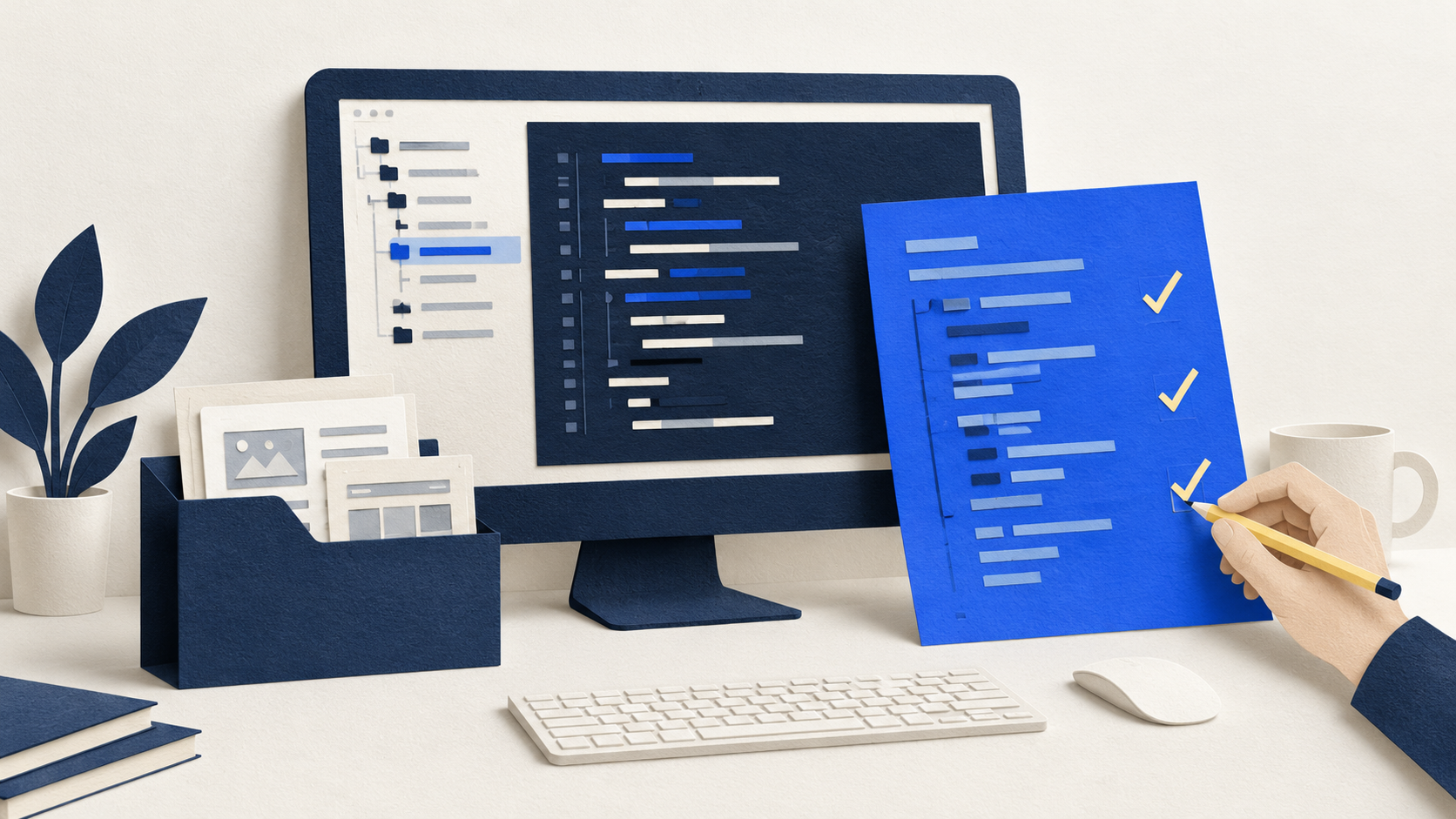 A desktop project folder and proposed page changes are reviewed with pencil checks.