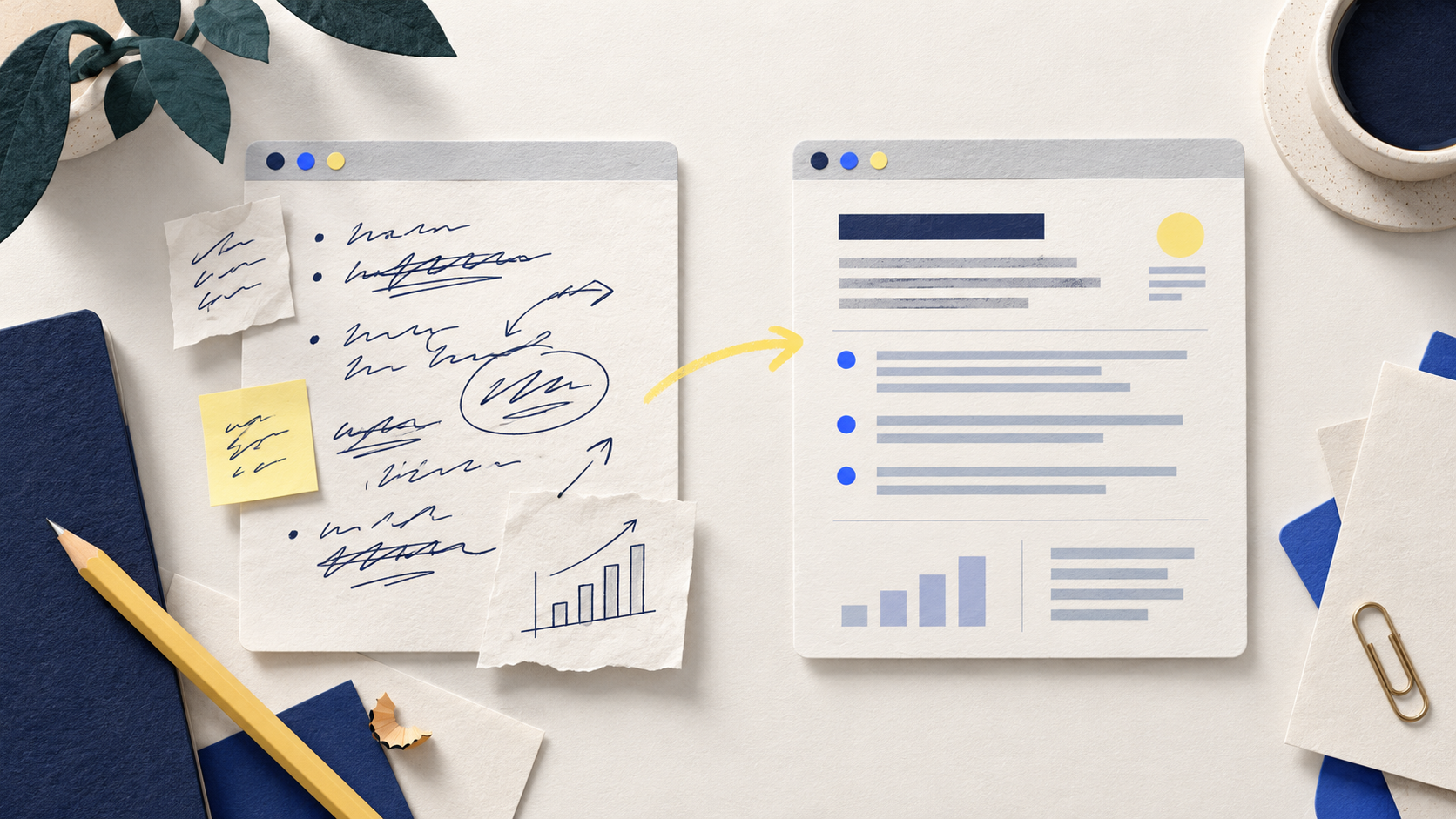 A rough paper business brief becomes a clear organized memo in an approachable chat window.