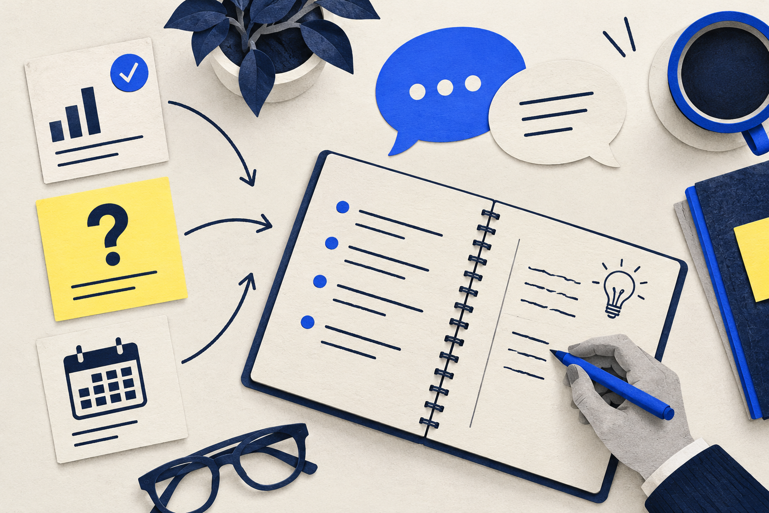 A source brief and open questions flow into a notebook for a thoughtful sales conversation.
